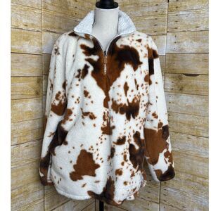 COZY COW PRINT SHERPA QUARTER-ZIP WESTERN COUNTRY PULLOVER SOFT FUZZY FLEECE